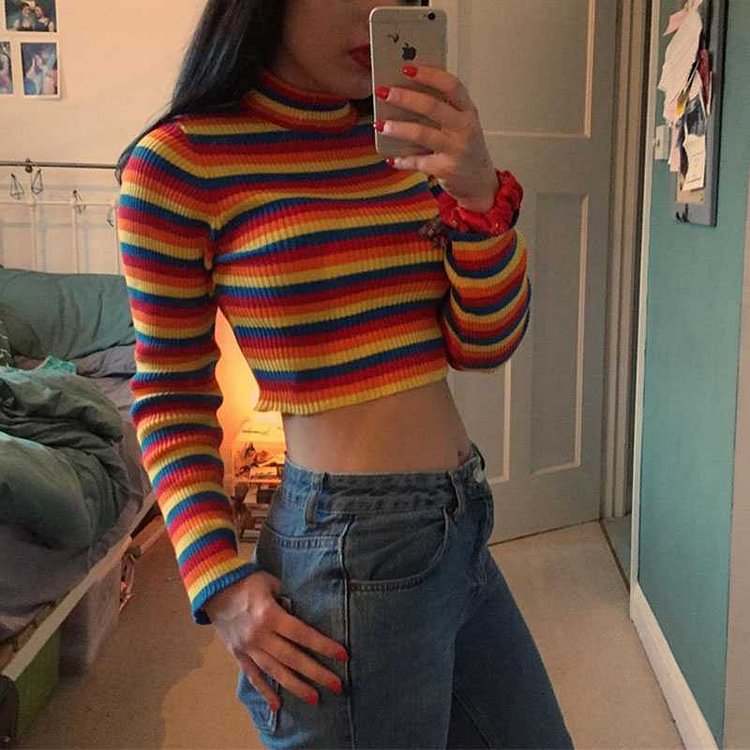 Colorful Rainbow Stripes Cropped Turtleneck Sweater Long Sleeve
