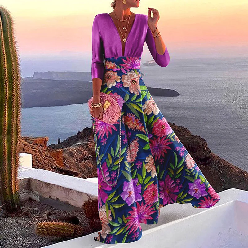Elegant Floral Colorblock Print Maxi Dress
