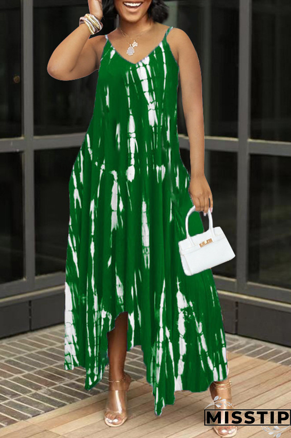 Green Sexy Print Patchwork Spaghetti Strap Irregular Dress Dresses