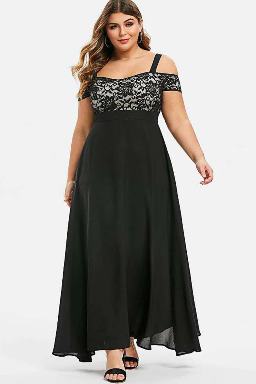 Plus Size Wedding Guest Black Chiffon Lace Cold Shoulder Maxi Dress 2024 - Flycurvy 