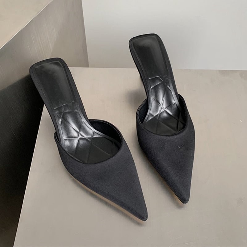SUOJIALUN 2022 Summer New Women Slipper Thin High Heel Shallow Slip On Ladies Mules Shoes Female Outdoor Dress Sandals Shoes