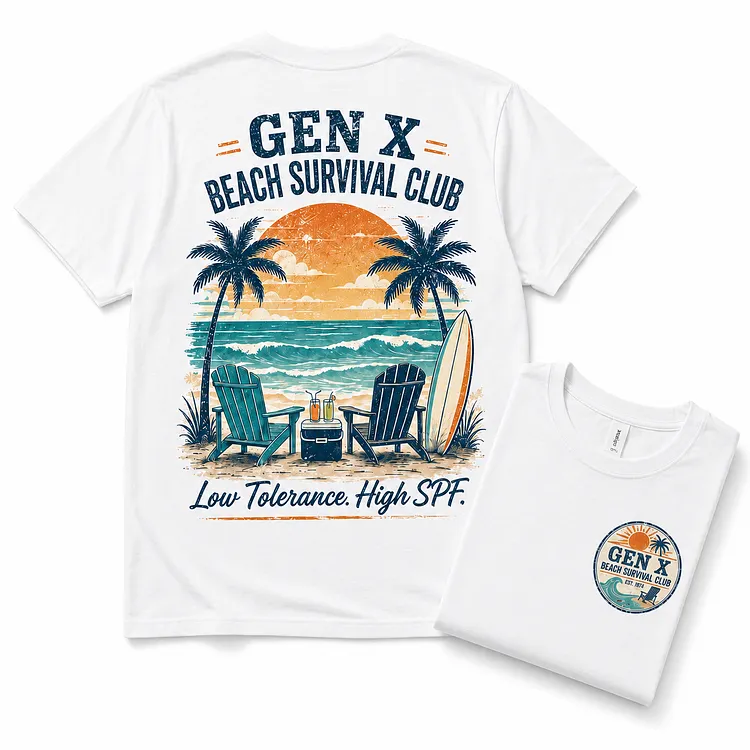 Unisex Personalized Gen X Beach Survival Club T-Shirt, Custom Year Summer Vacation Tee