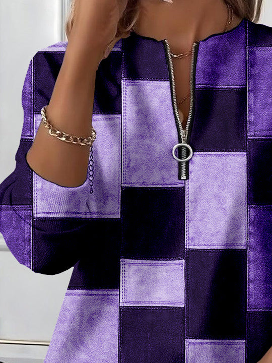 Women Long Sleeve Scoop Neck Plaid Colorblock Printed Graphic Zipper Tops