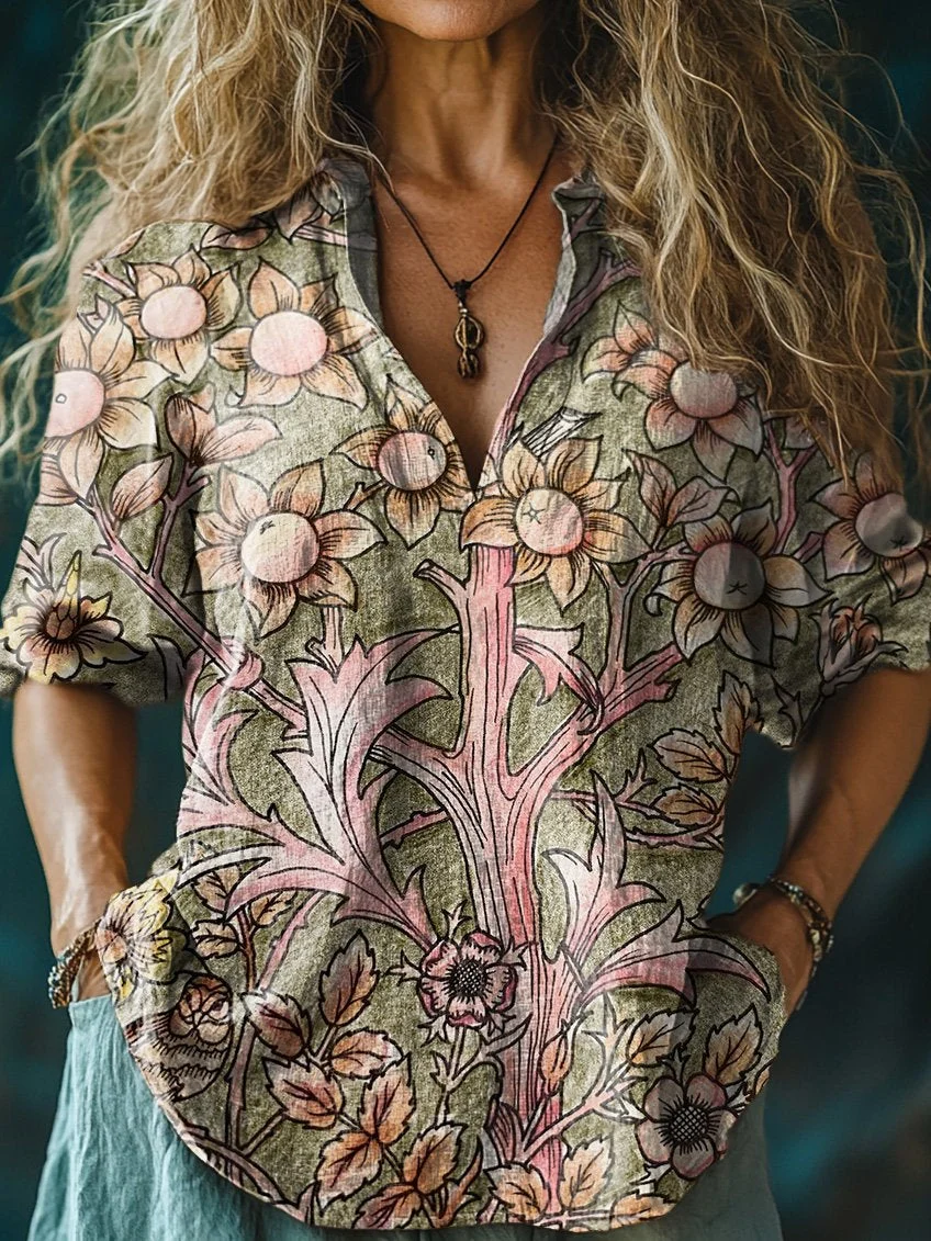 Women's Retro Branch Flowers Print Casual Linen V-neck Shirt