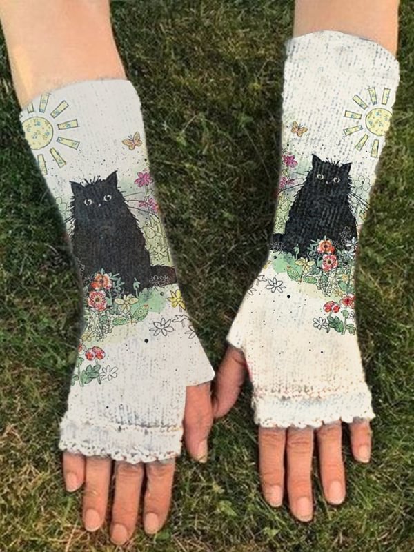 Casual cat print warm gloves