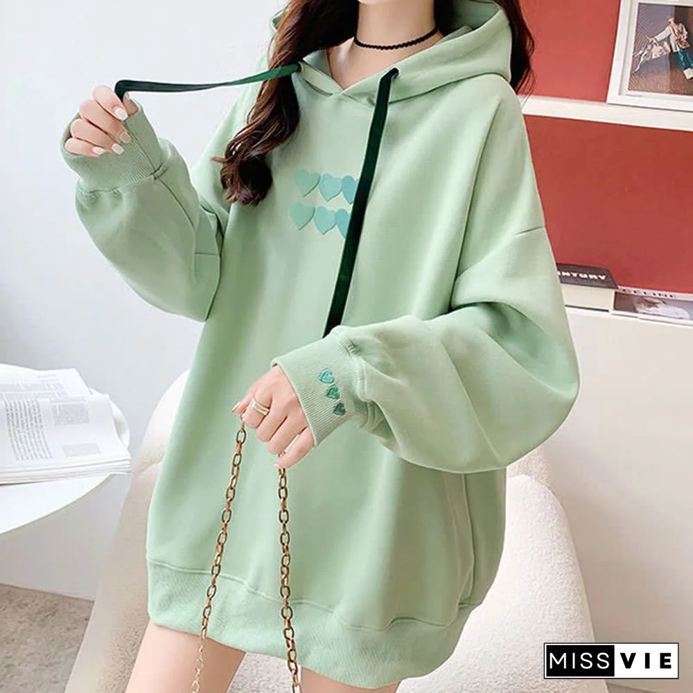 Love Heart Print Draw String Loose Hoodie