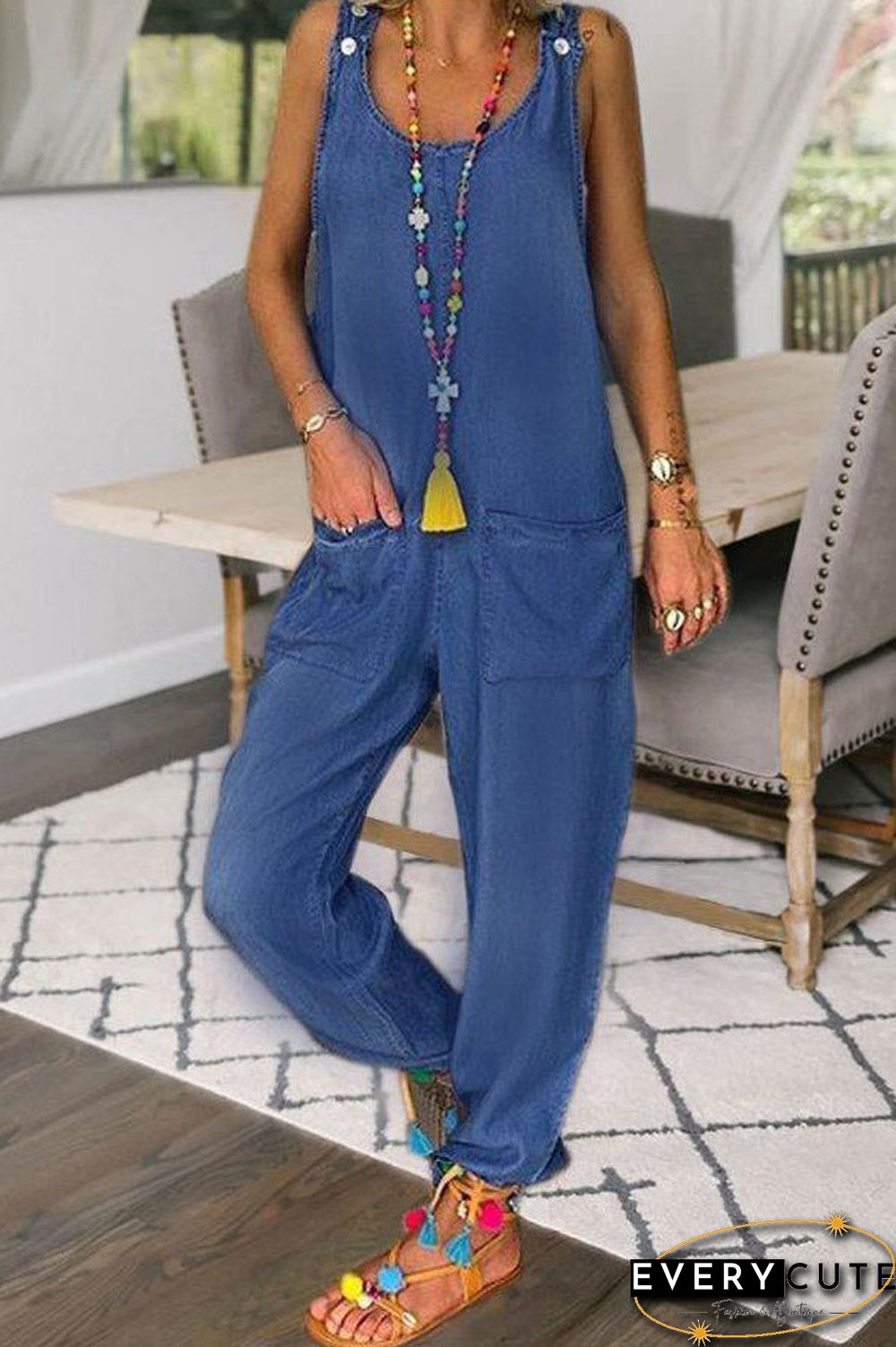 Blue Pockets Sleeveless Jumpsuit