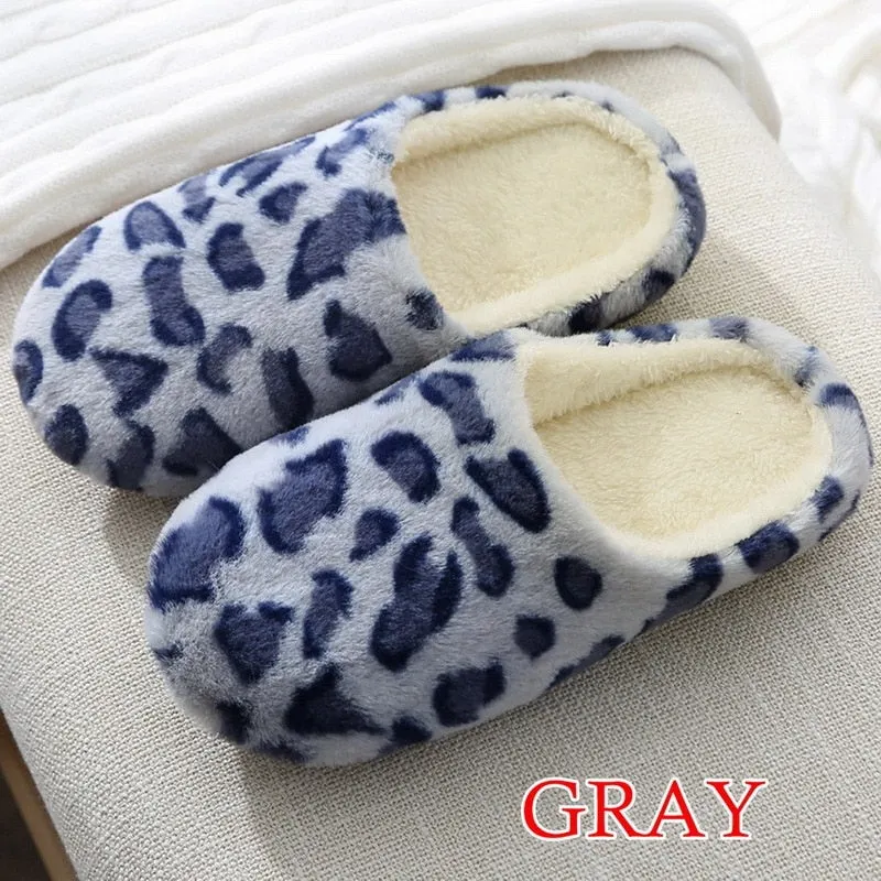 LITTHING Women Home Slippers With Faux Fur Flats Heels Shoes Winter Warm Slippers Women Leopard Print Female Flip Flop Size36-45