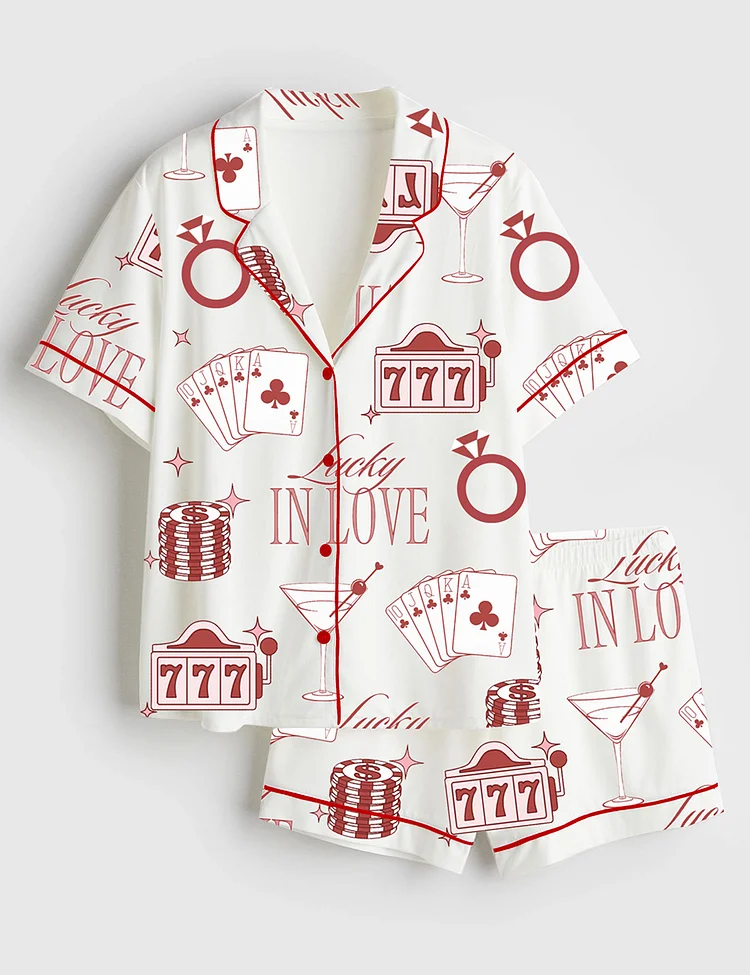 Women&rsquo;s Lucky In Love Bachelorette Casino Bachelorette Party Los Vegas Bachelorette Martini Print Short Sleeve Satin Pajama Set