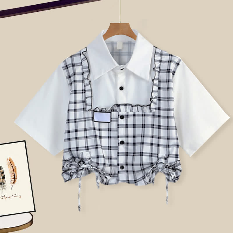Lattice Print Drawstring Lapel T-Shirt Loose Denim Pants