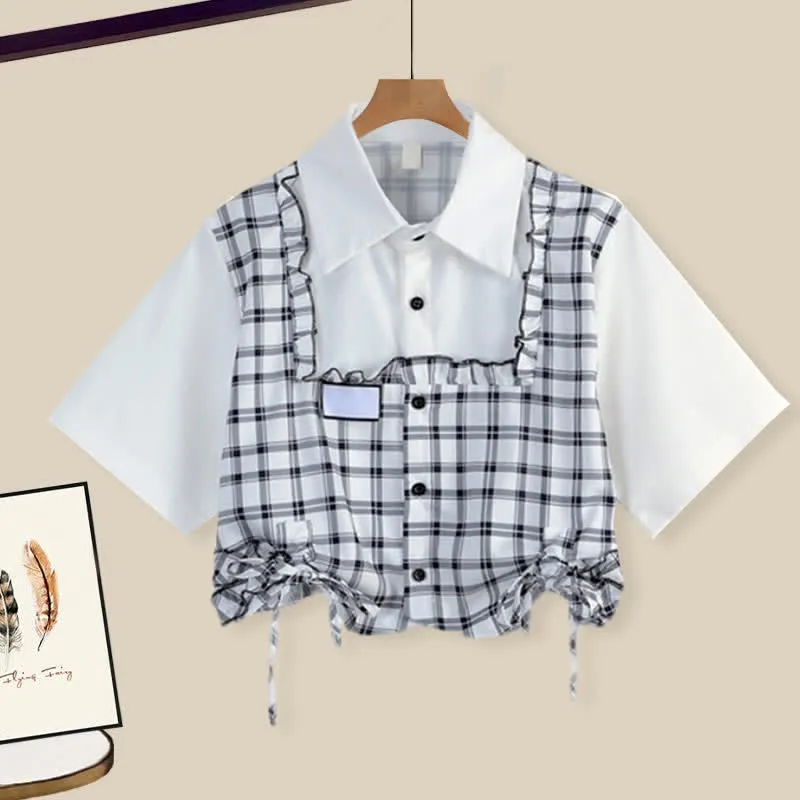 Lattice Print Drawstring Lapel T-Shirt Loose Denim Pants
