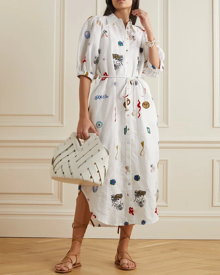 Soleil Embroidered Linen Midi Shirt Dress