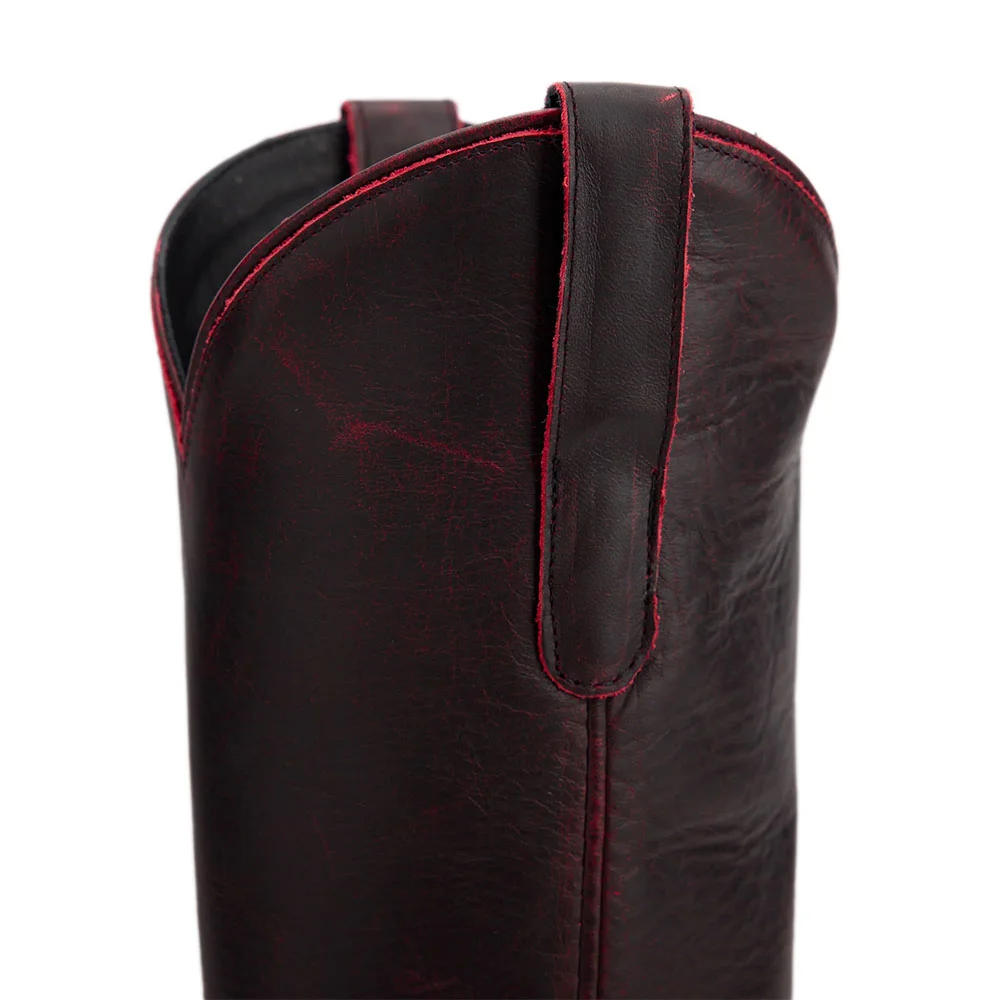 Black & Red Faux Leather Snip Toe Mid Calf Chic Cowgirl Boots