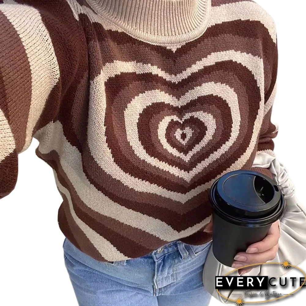 Brown Rainbow Heart Print Color Block Sweater