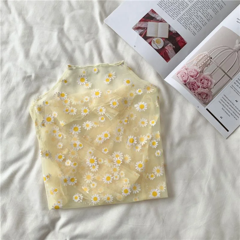 Summer Autumn Women Casual Mesh Pattern Daisy Flower Printed Blouse Tops Girls Mesh Shirts See Through Shirt For Female