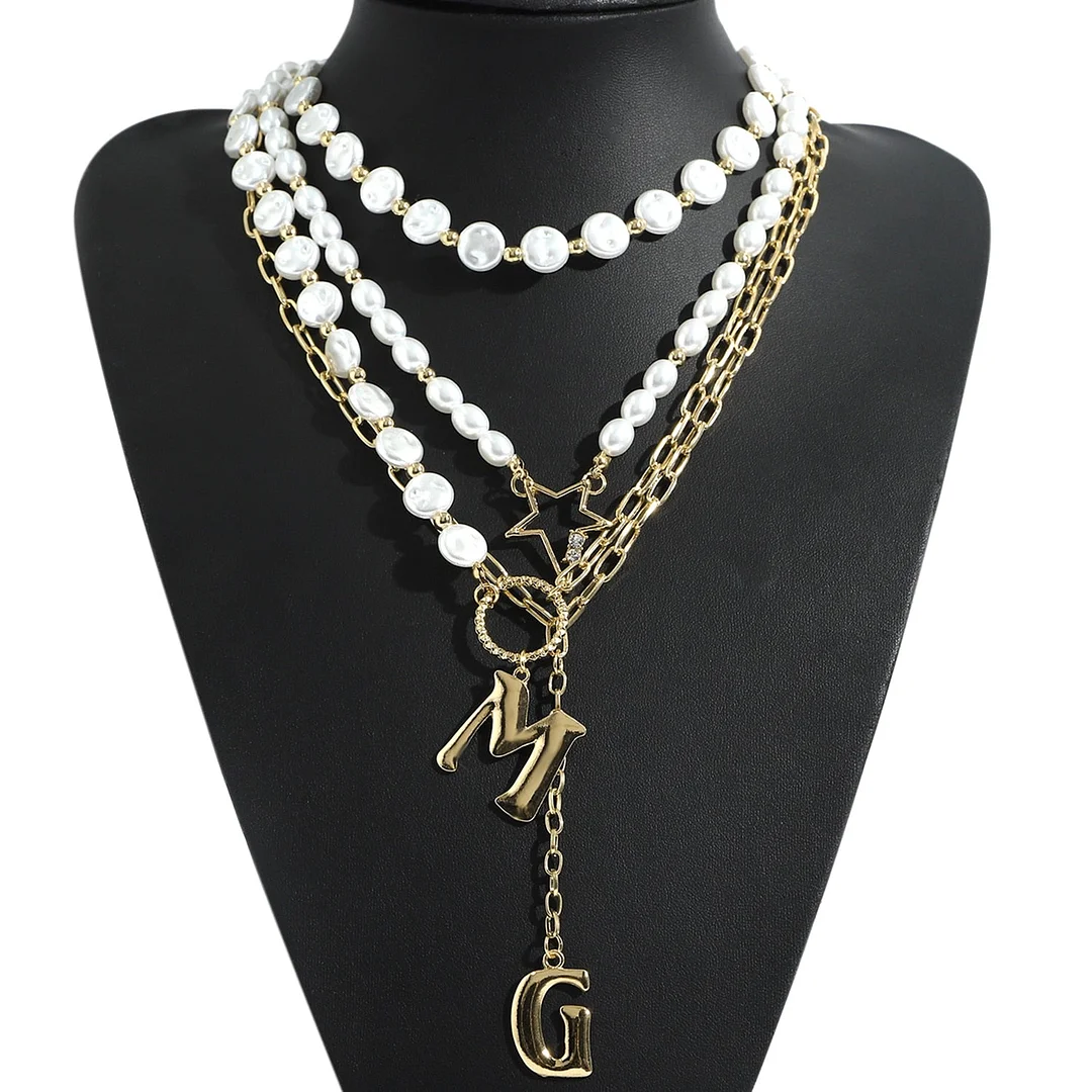 Dvacaman Retro Simple Pearl Letter Pendant Initial Necklace for Women Boho Statement Multi Layered Chunky Chain Necklace Jewelry