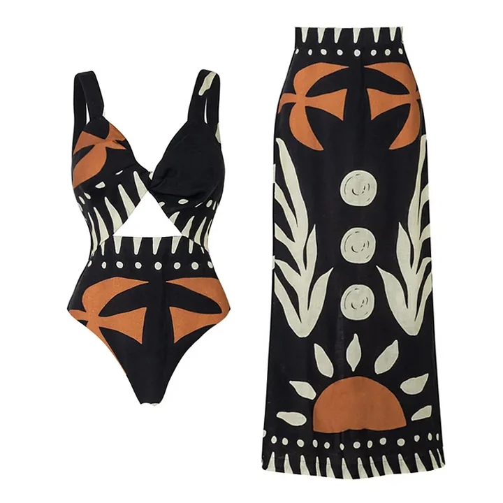 V Neck Cut Out Printed One Piece Swimsuit and Skirt Flaxmaker(Shipped on  May 28th)