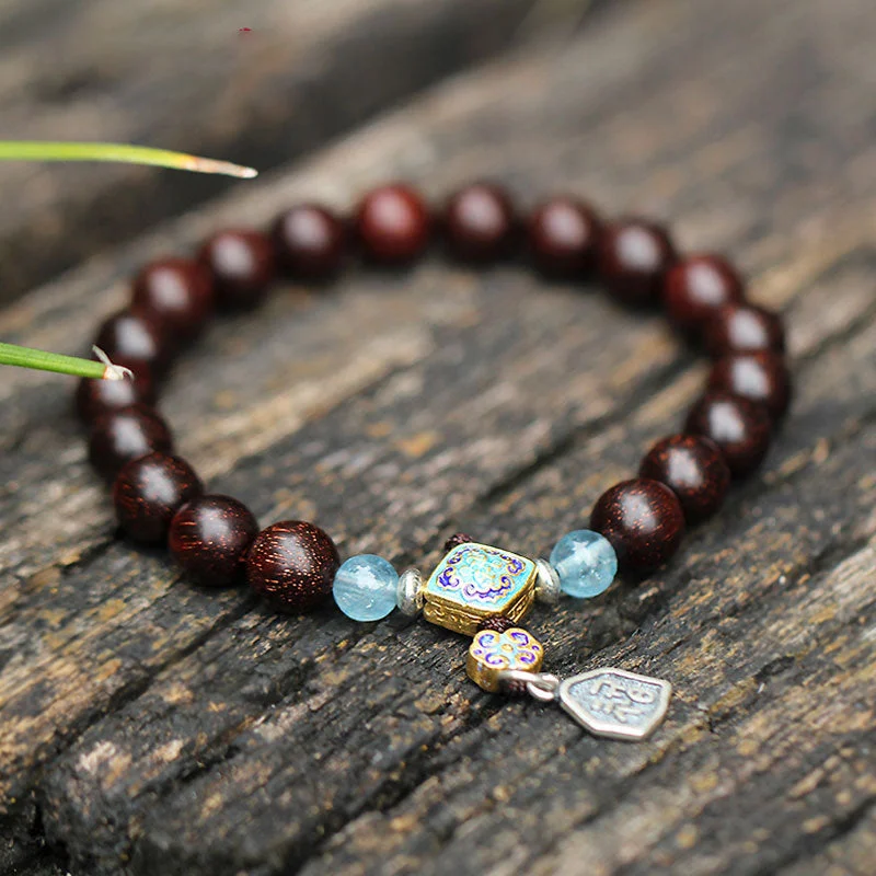 925 Sterling Silver Indian Small Leaf Red Sandalwood Aquamarine Full of Gold Star Chinese Knotting Blessing Bracelet