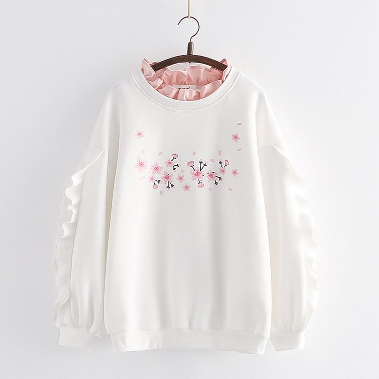 Blossom Print Round Collar Flouncing Sweatshirt - Modakawa modakawa