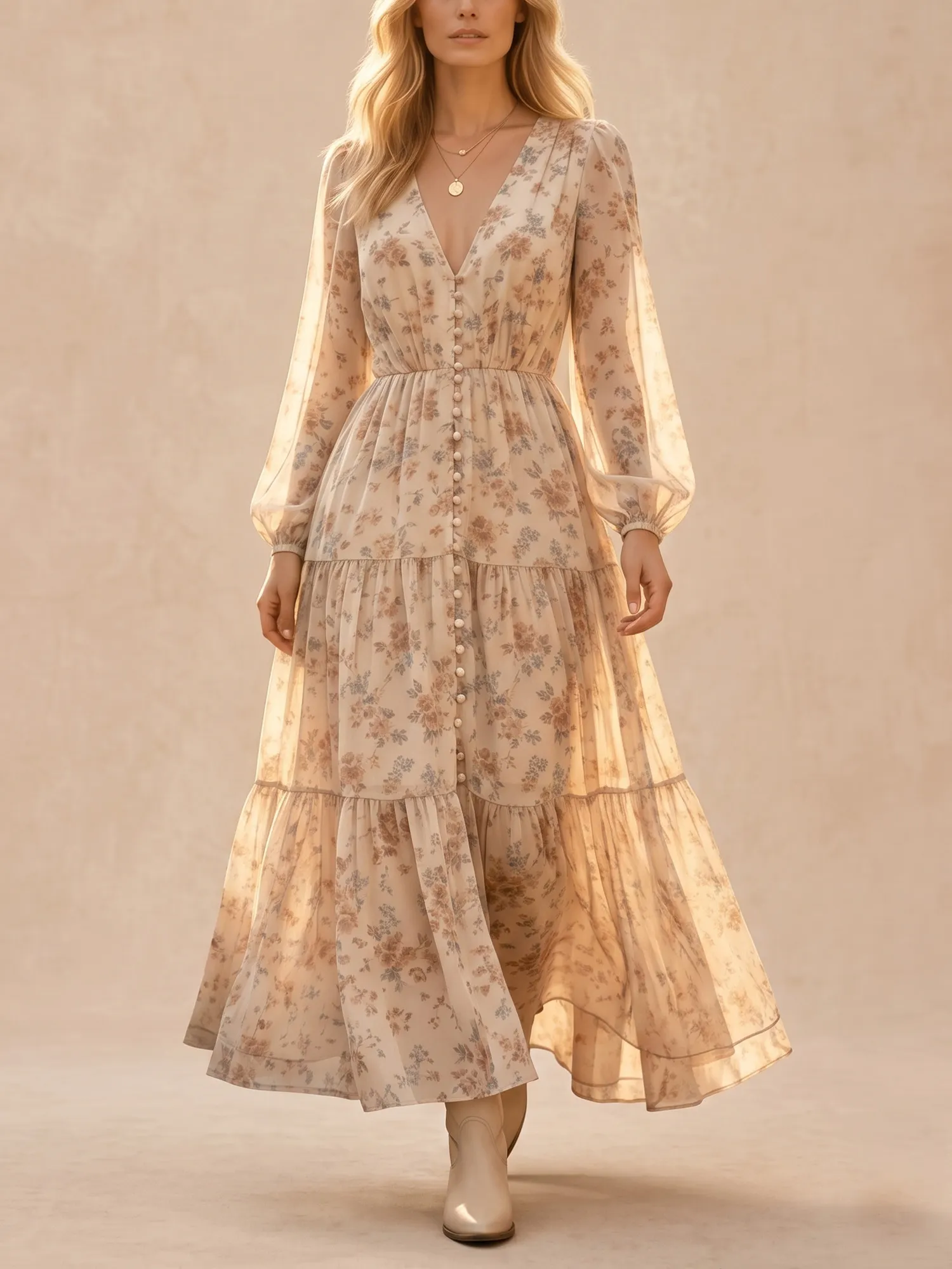 Western Dress &mdash; Ivory Apricot Plunging V-Neck Button Placket Long Sleeve Lace Dress Maxi Dress
