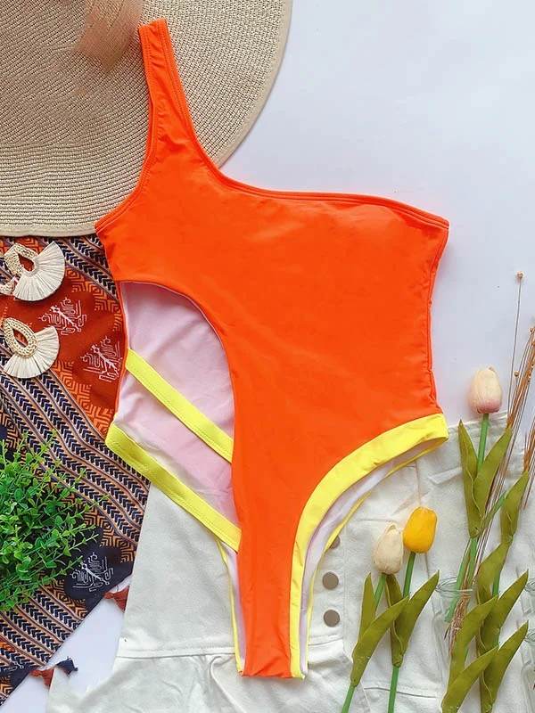 Contrast Color Split-Joint Asymmetric One-Shoulder One-Piece Swimwear 