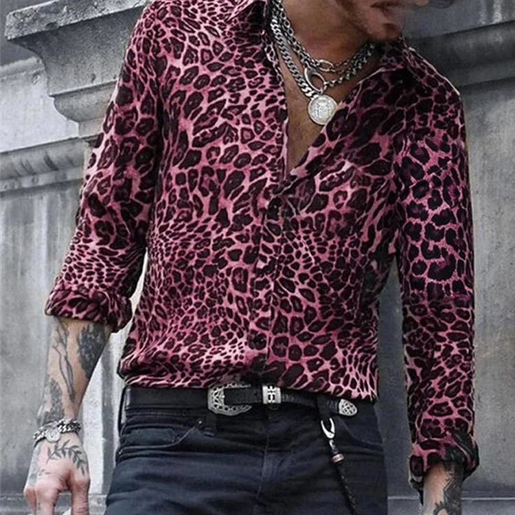 Men's Leopard Pattern Turndown Collar Long Sleeve Button Shirt