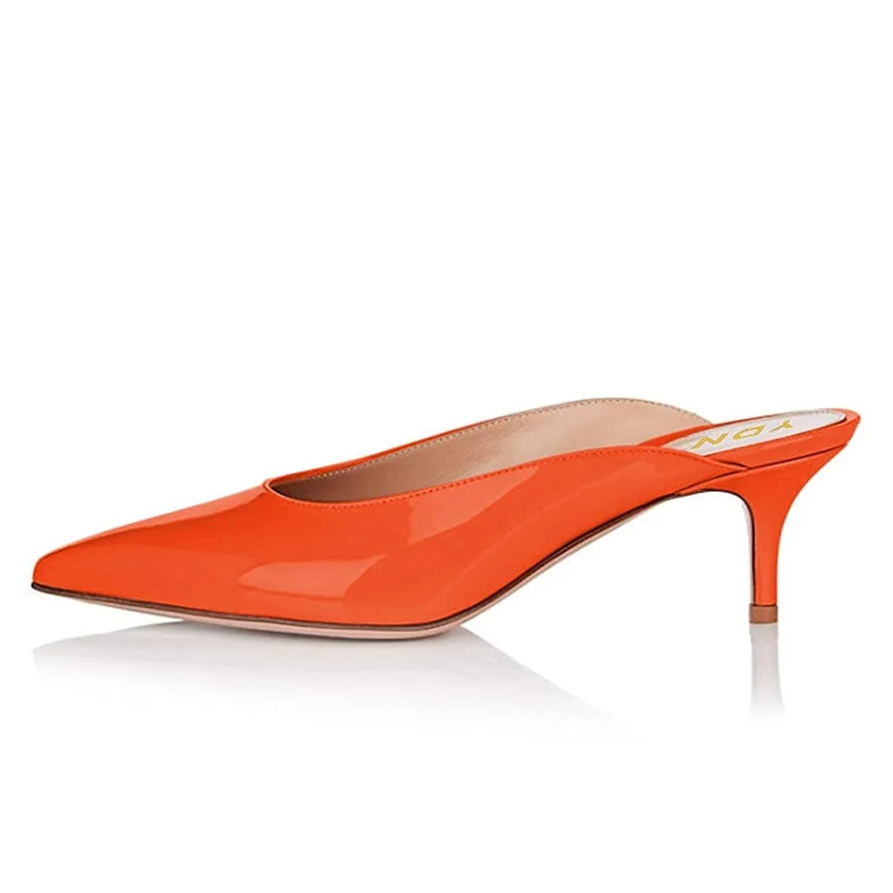 Orange Patent Leather Kitten Heeled Mules with Pointed Toe