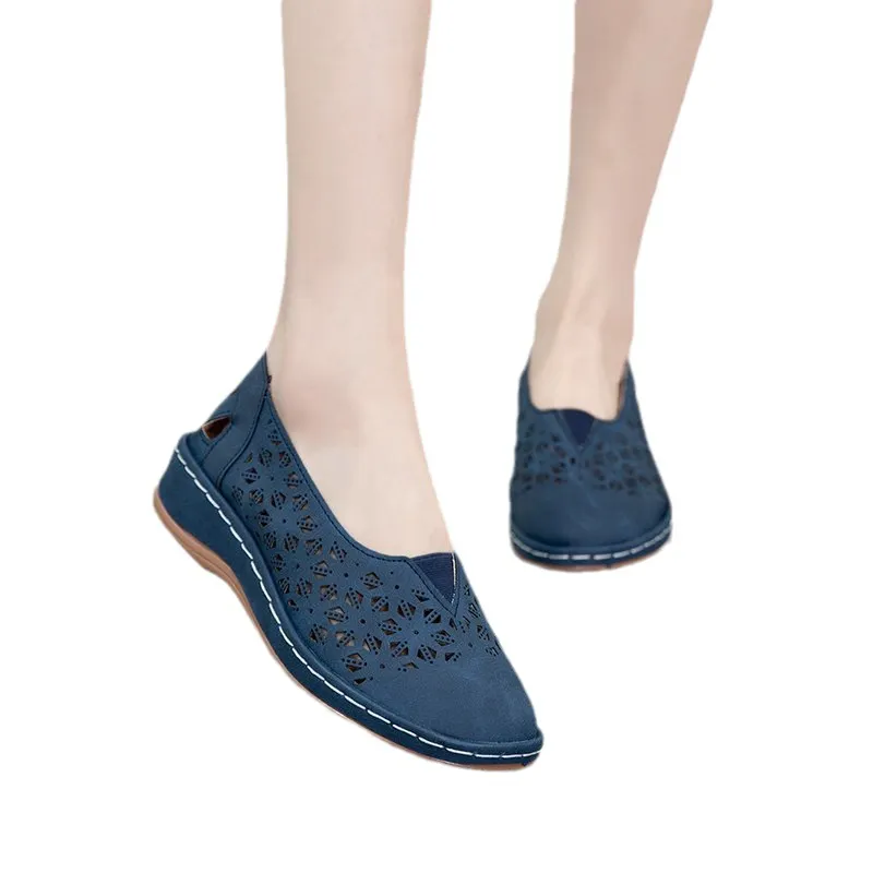 Yyvonne Casual Flat-Bottomed Hollow Hole Shoes Women Retro Round Head Pedal Lefu Shoes Lazy Single Shoes