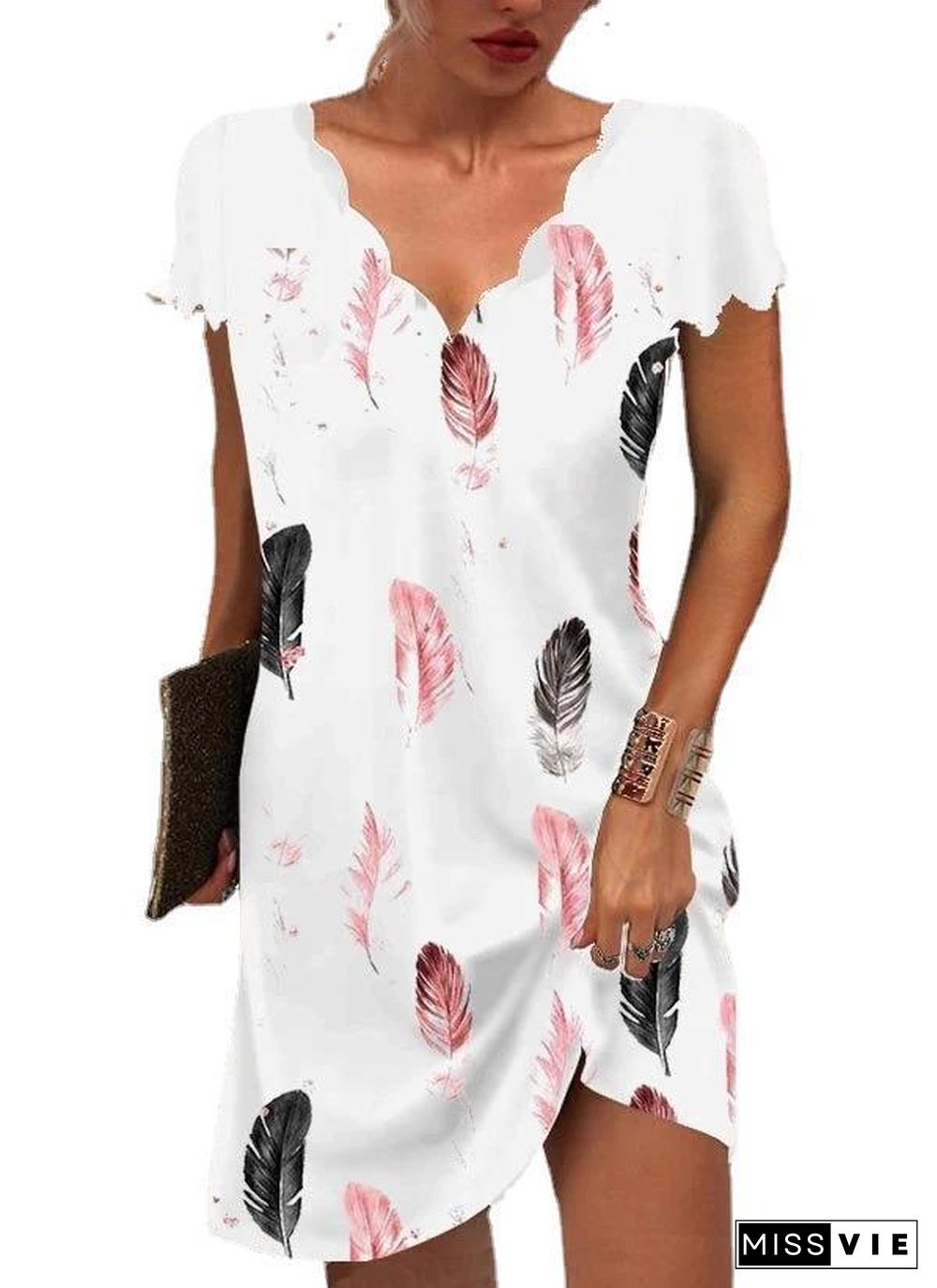 Sweet V Neck Feather Printed Beach Dress
