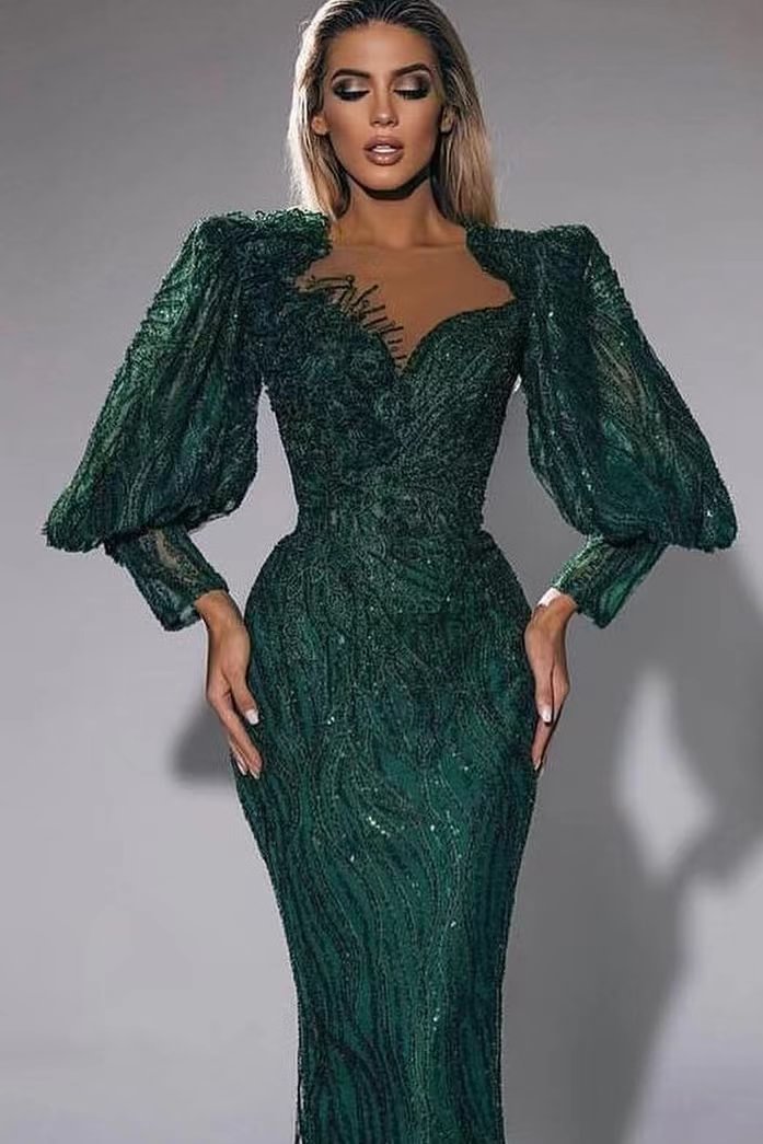 Dark Green Sweetheart Long Sleeves Mermaid Evening Dress With Sequins ...