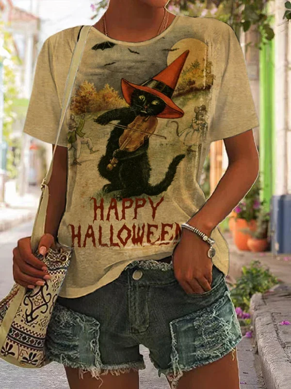 Vefave Halloween Black Cat Print Casual T Shirt