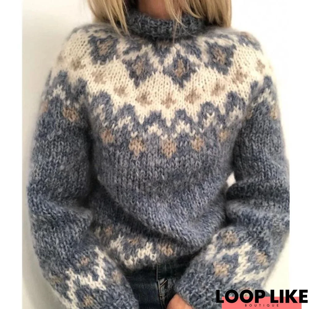 Multicolor Round Neck Boho Cotton-Blend Sweater