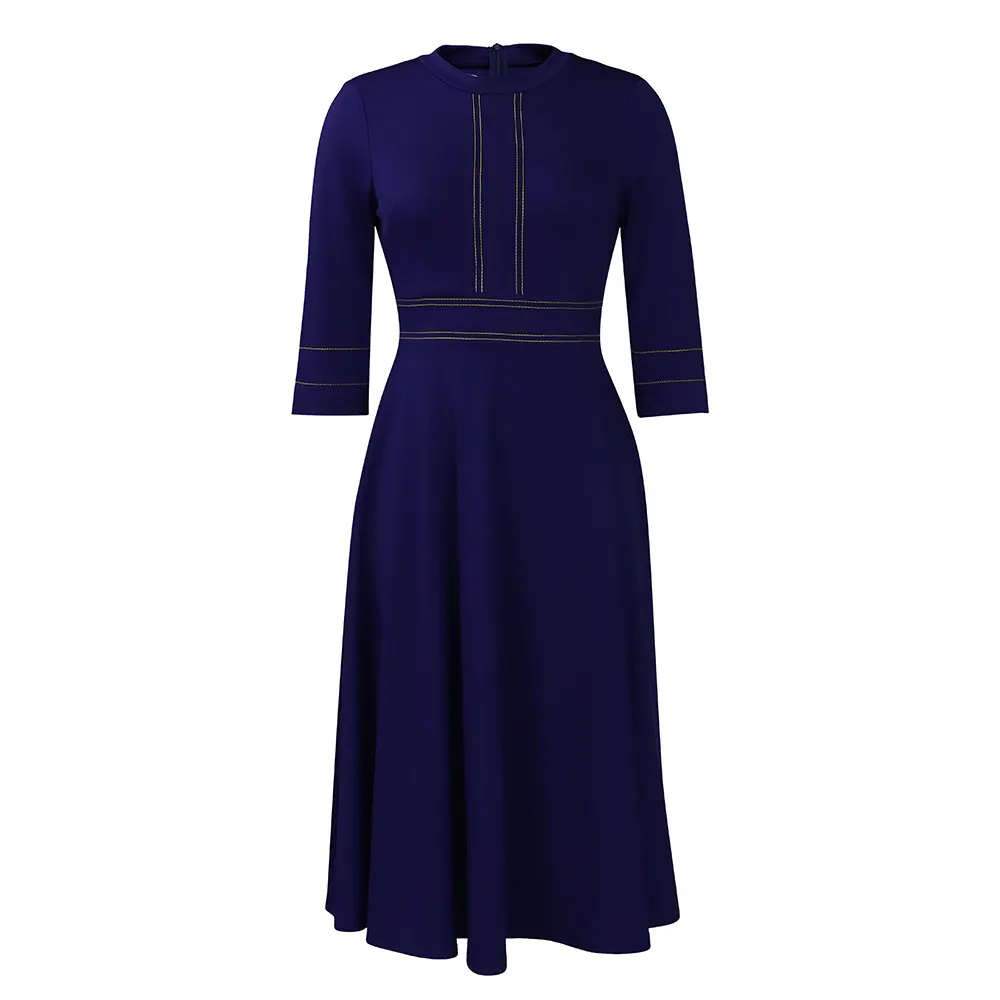 Plus Size  Midi Dress with Gold Trim, 3/4 Sleeve A-Line Formal Dress