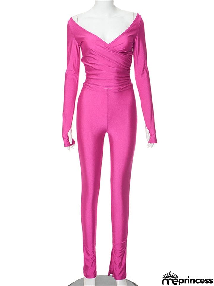 Ladies Sexy V Neck Pure Color Stretchy Shirt + Skinny Pants