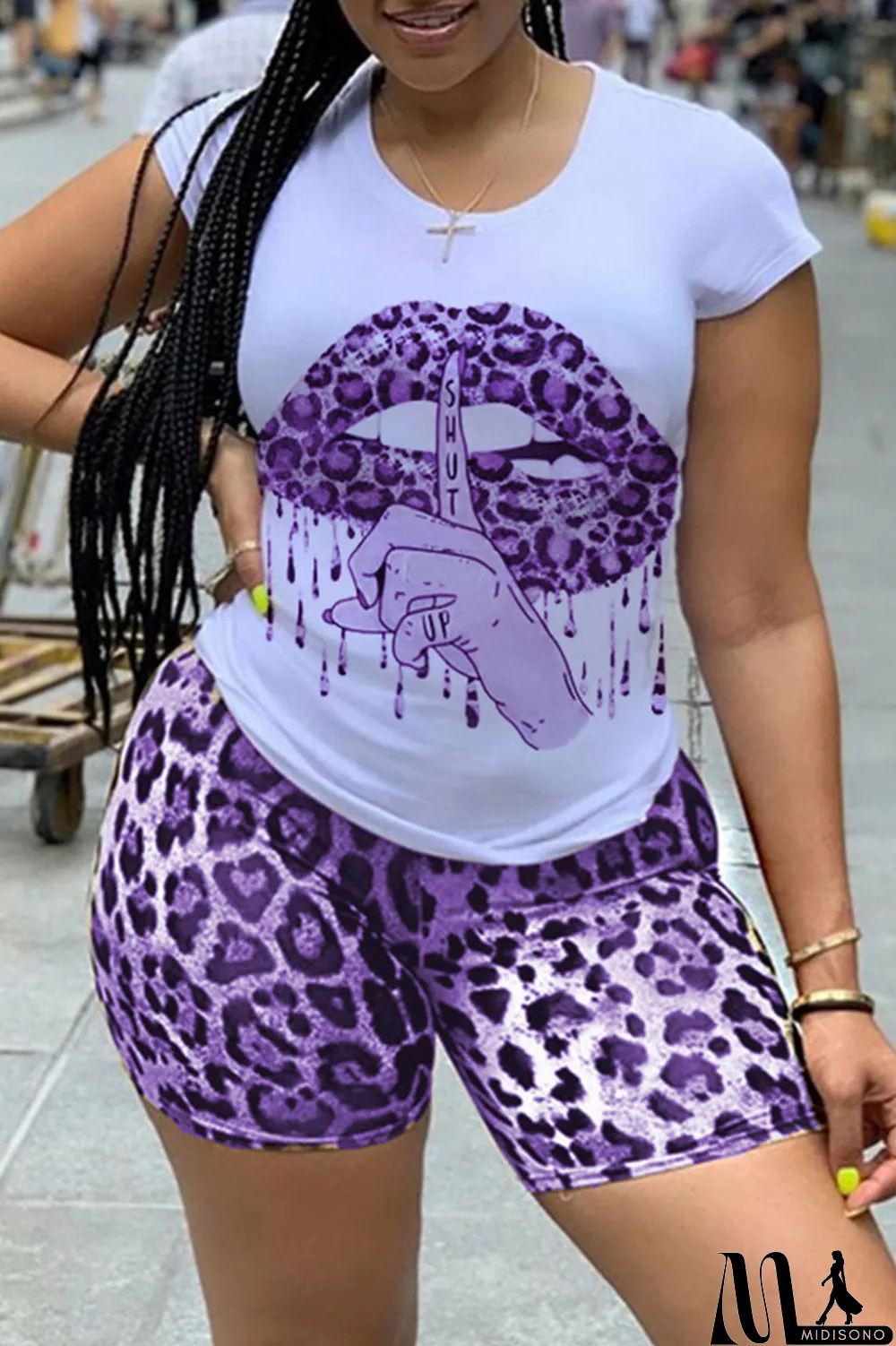 MidiSono - Yellow Casual Letter Lips Printed Split Joint O Neck Short Sleeve Two Pieces