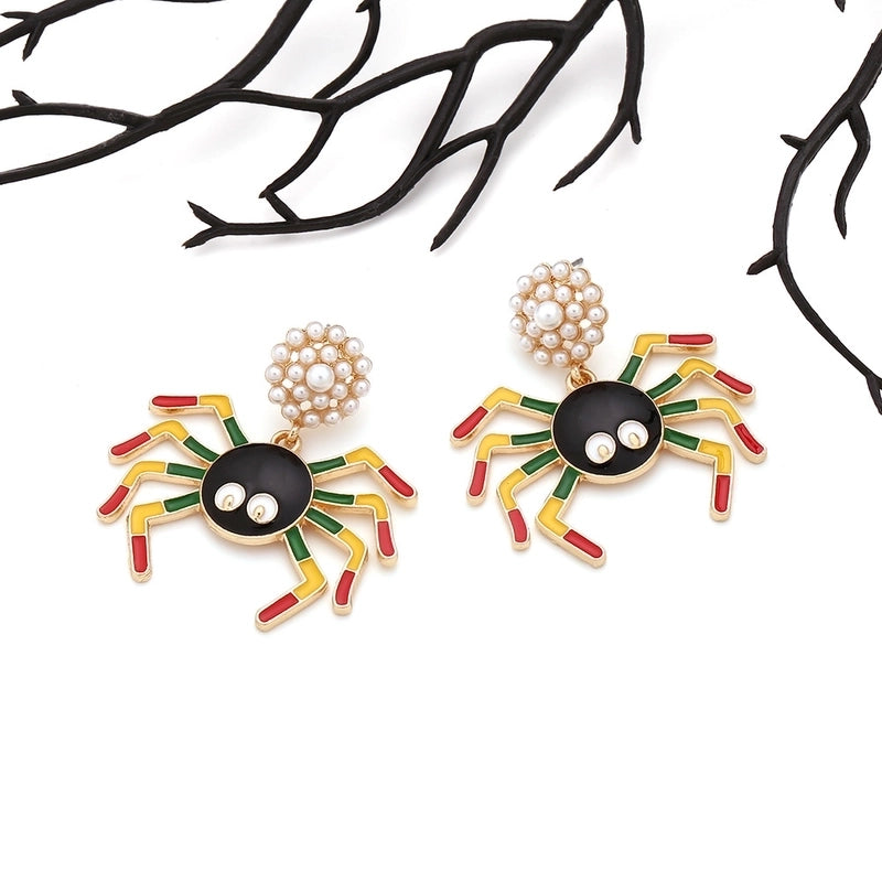 1 Pair Halloween Hip-Hop Funny Insect Spider Enamel Plating Inlay Alloy Artificial Pearls Drop Earrings