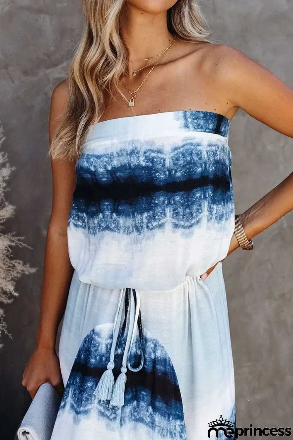 Tie Dye Drawstring Waist Tassel Tube Dress