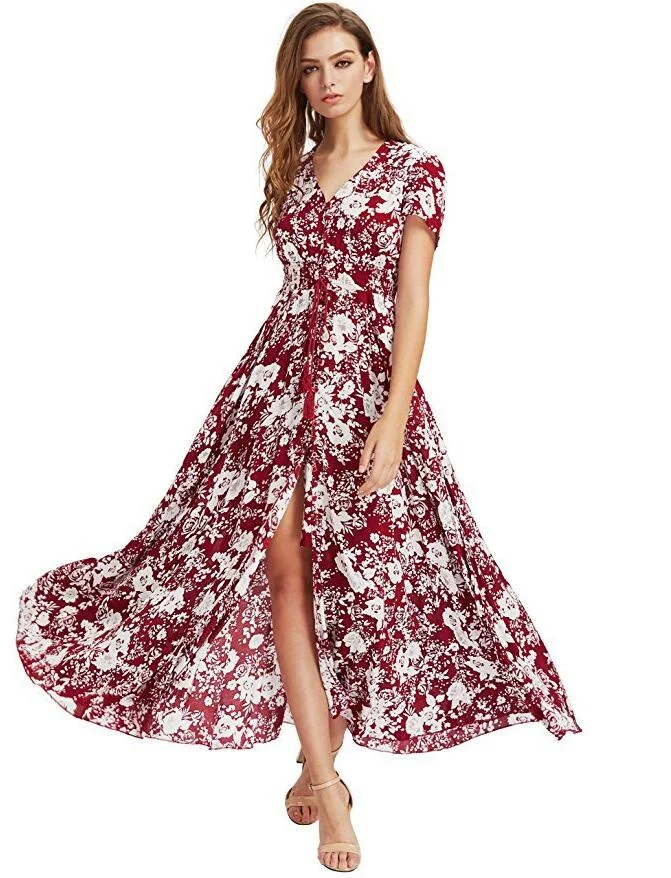 Women's Dresses Summer Dress Maxi Sundress Women Dress Ladies Button Up Split Floral Print Flowy Evening Party Dresses Vestidos