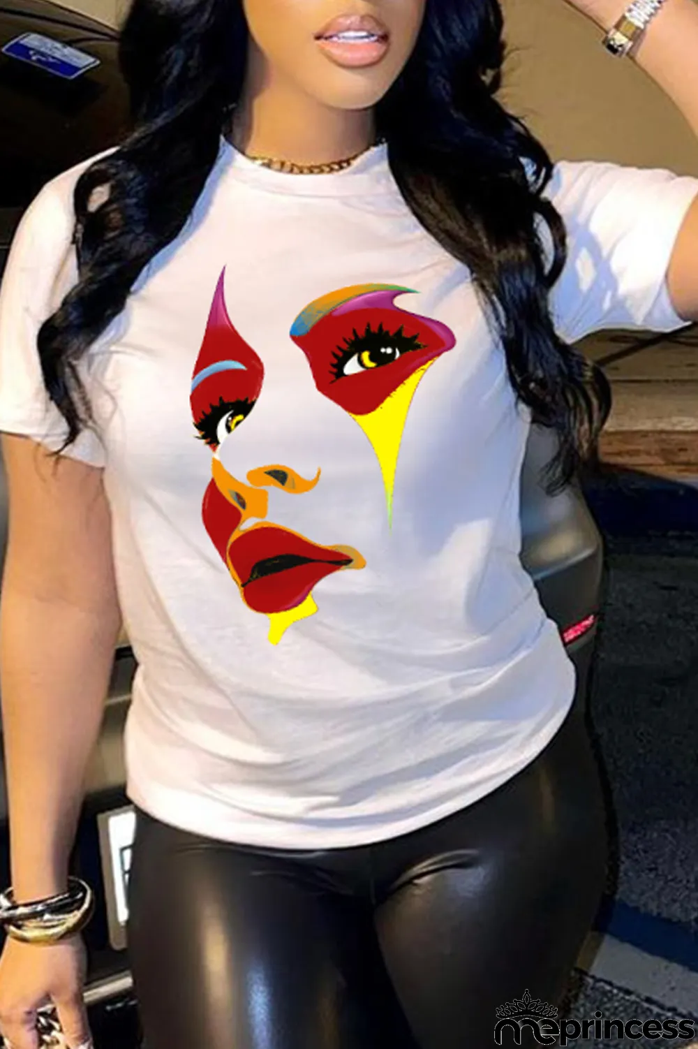 Black Street Print Patchwork O Neck T-Shirts