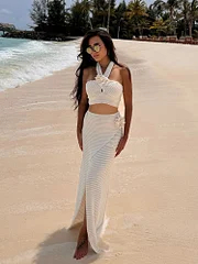Eslicerpro Knitted 3D Crochet Flower Skirt Sets For Women 2Pcs Halter Backless Crop Tops Elegant Women's Set Split Bodycon Sexy Beach Skirt