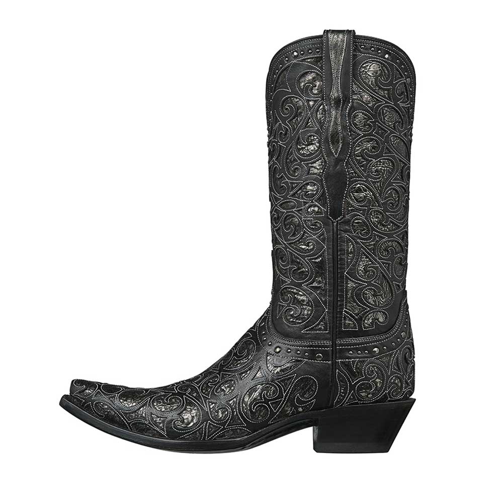 Black Snip Toe Chunky Heel Laser Cut Brass-Studded Cowgirl Boots
