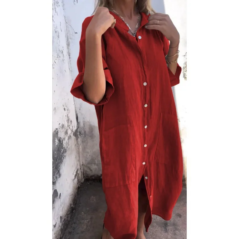 Nigikala Nigikala New Spring And Summer Loose Leisure Sleeve Cotton Shirt Dress Women