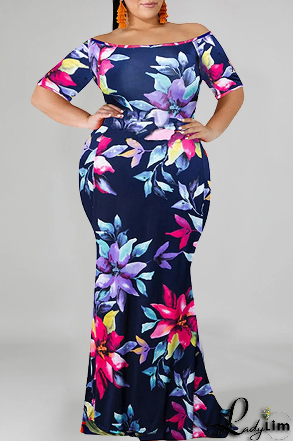 Blue Fashion Casual Plus Size Print Backless Off the Shoulder Long Dress