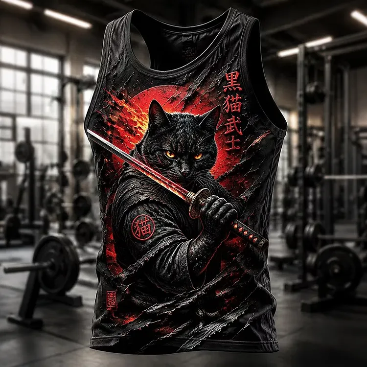 Men's Black Cat Samurai  Japanese Art Fitness Print Tank Top