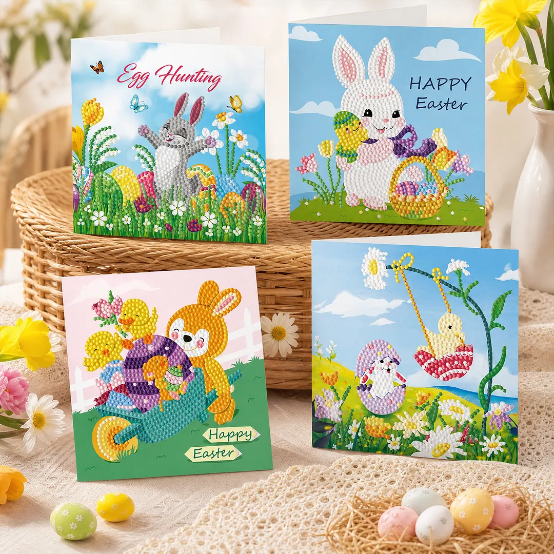 4Pcs Rabbit Easter Egg Theme DIY Diamond Painting Greeting Card Set with Envelopes 5D Unique Rhinestone Arts Card Rhinestone Diamonds Art Postcards for Adults Gifts Families Friends Partners