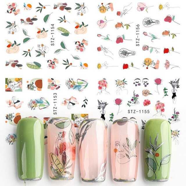 Nail Stickers Water Transfer Sketchs Lady Flower Leaves Designs 4Pcs/Set Nail Decal Decoration Tips For Beauty Salons