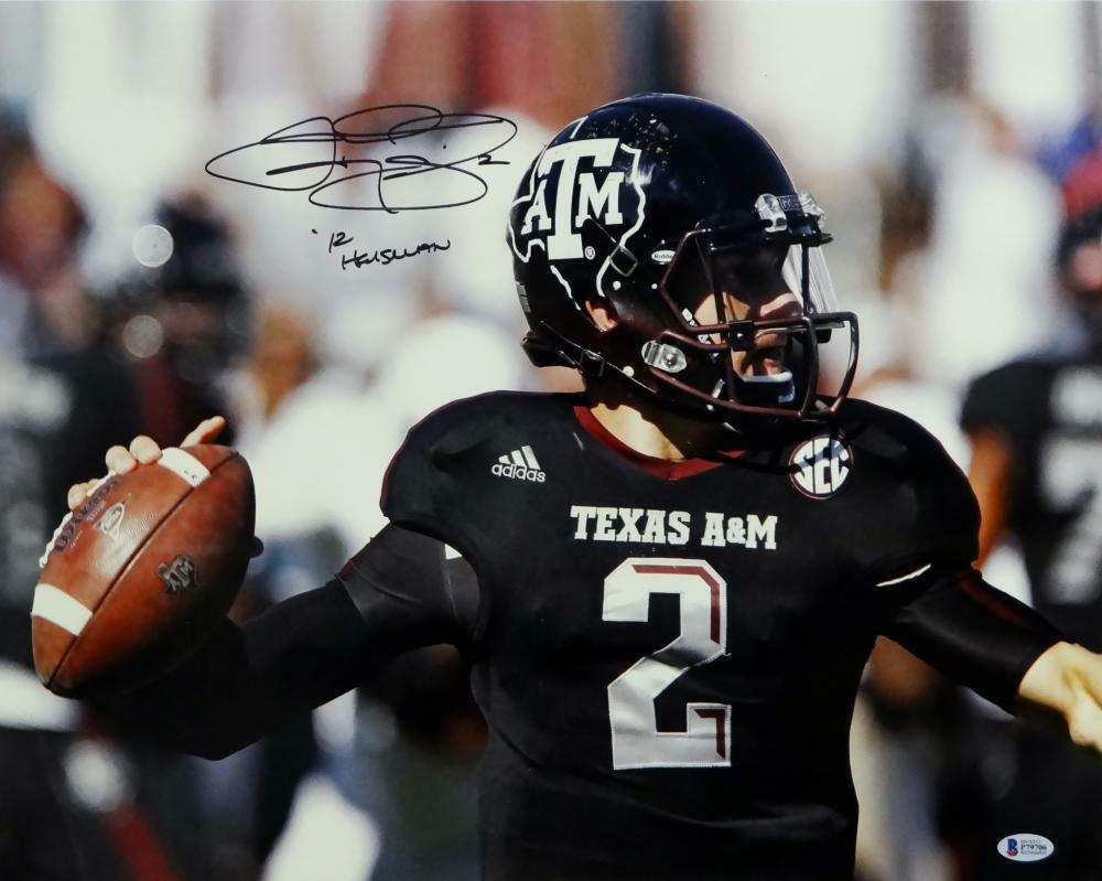 Johnny Manziel Signed Texas A&M 16x20 Passing Close Up Photo Poster painting w/Insc-Beckett Auth