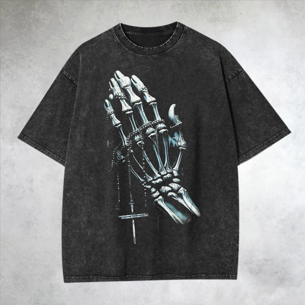 Prayer Skeletal Hand Graphic Washed T-Shirt