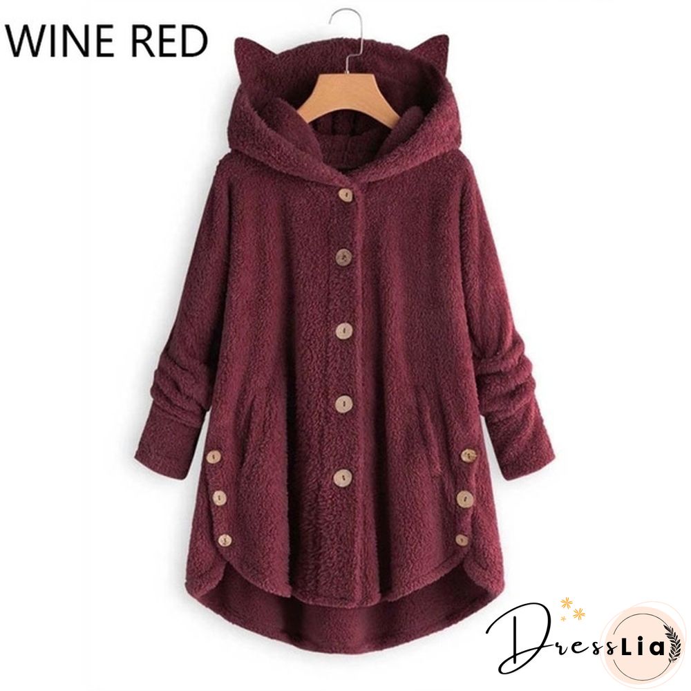 Fashion Women Coats Autumn Winter Outwear Tops Solid Color Plush Loose Cute Cat Ears Warm Fur Cardigan Coat with Pocket Plus Size S-5XL