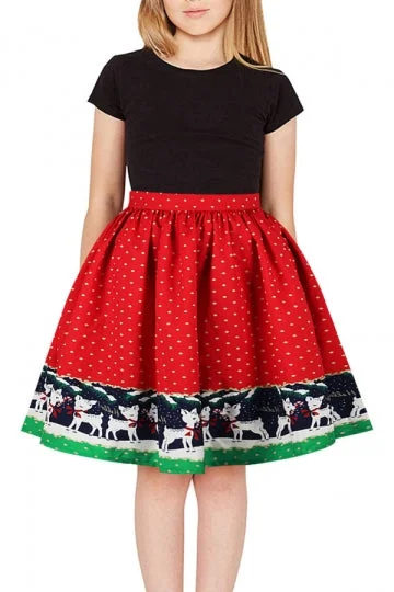 Girls Reindeer Christmas Skirt Crimson-elleschic